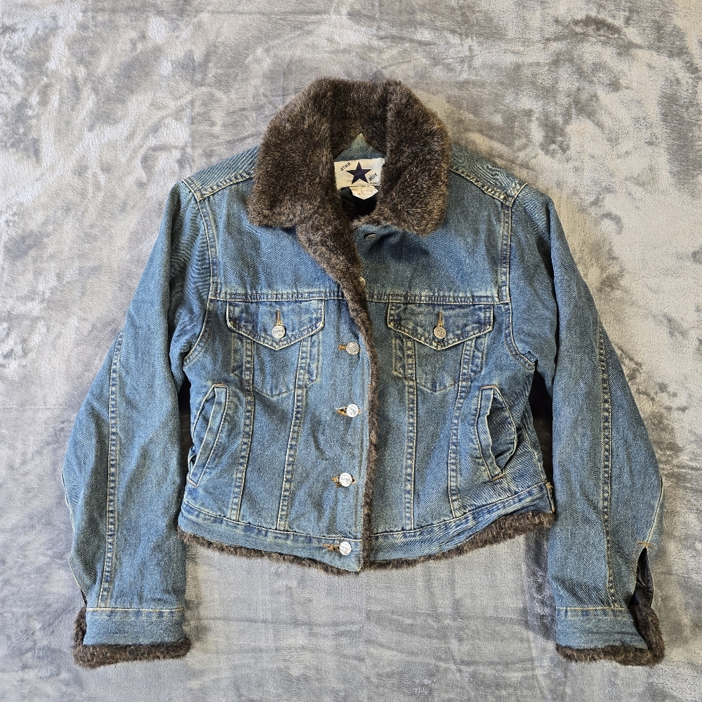 Vintage Star Blue Woman's Lined Denim Trucker Jacket Faux Fur Size Medium Jean